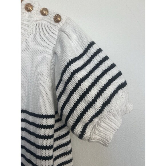 ENGLISH FACTORY Striped Short Puff Sleeve Sweater Buttons Navy Coastal S Preppy - Picture 8 of 14